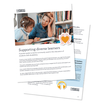 An image shows a pamphlet titled "Supporting diverse learners," featuring a mother reading with her child at home. Aimed at aiding the education of students with disabilities, this resource includes logos from the Year One podcast and Carnegie Learning.