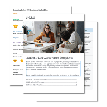A teacher sits at a table with two students, deeply engaged in conversation. Overlay text reads "Student-Led Conference Templates," with links for templates tailored to different school levels. Tune into the Year One podcast for insights. The background is decorated with papers and thoughtful decor.
